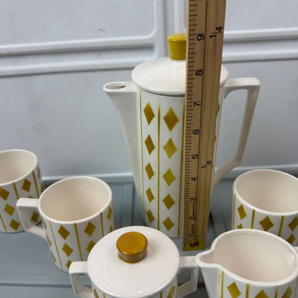 VTG Royal Sealy Harlequin Diamond Coffee Tea Set White Mustard MCM Ceramic 9pc